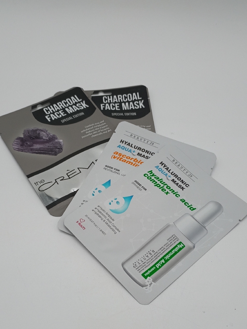 K Beauty Face Masks 4pc. Charcoal (2), Hyaluronic Acid, And Vitamin C.